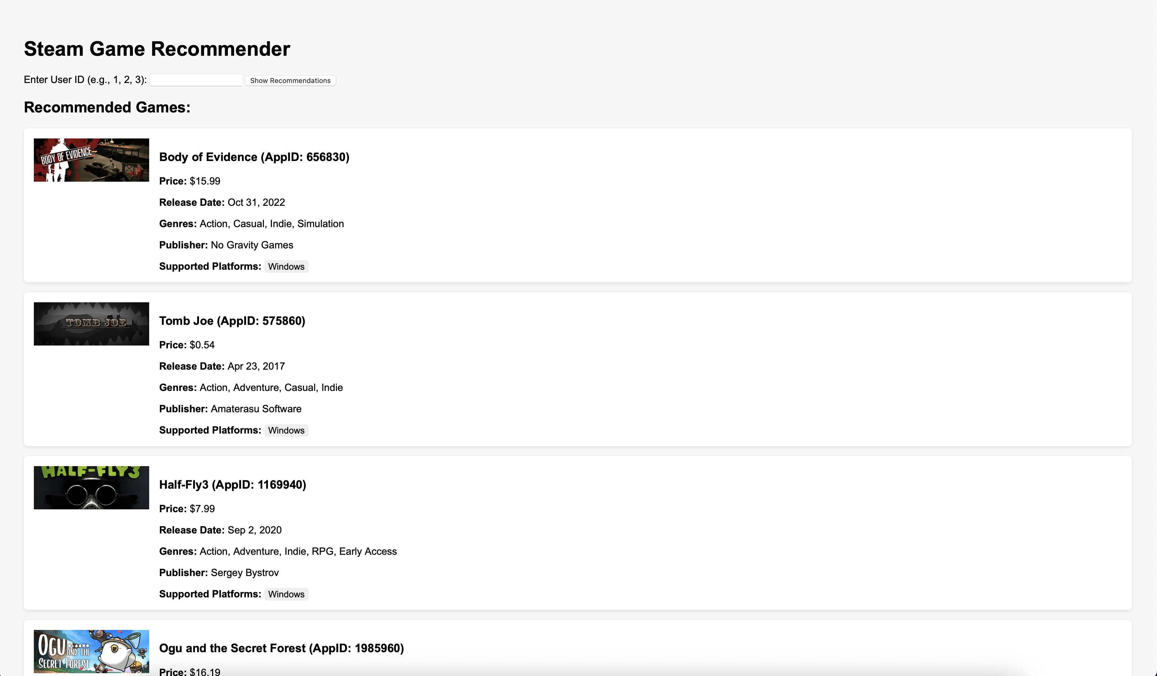 Steam Game Recomender Screenshot