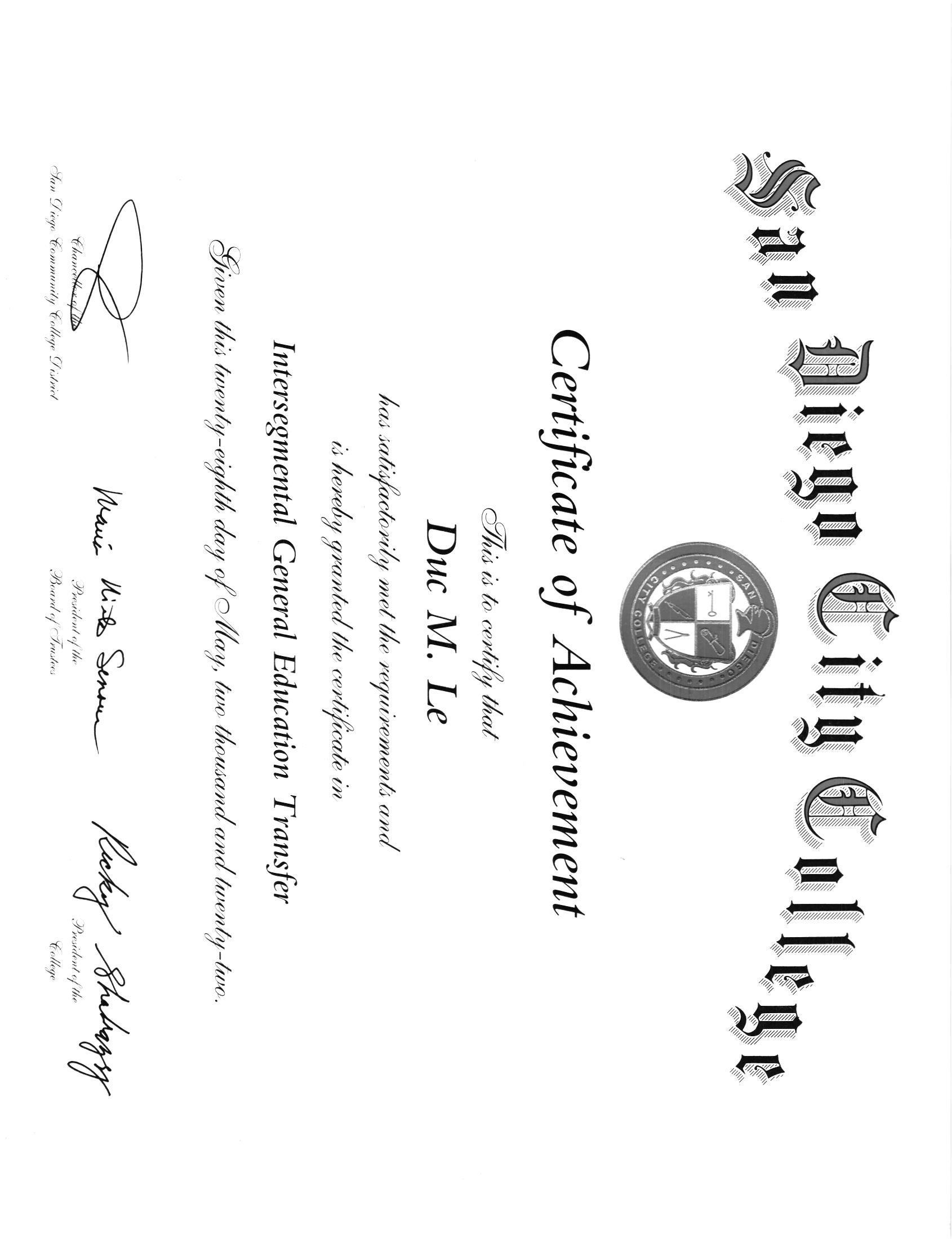 San Diego City College Certificate